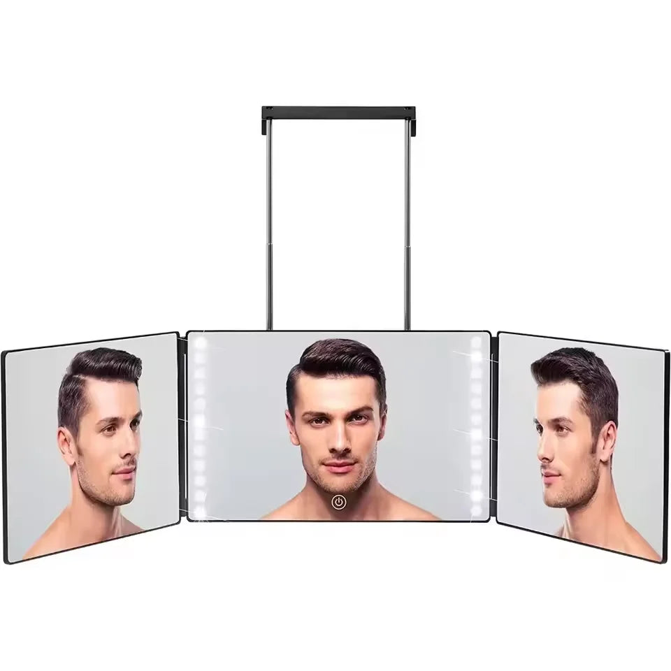Trifold LED Mirror Self Haircut Makeup Mirror with Light Adjustable Height 3 Way Self Haircut Mirror Hd Glass 3 Way Mirror
